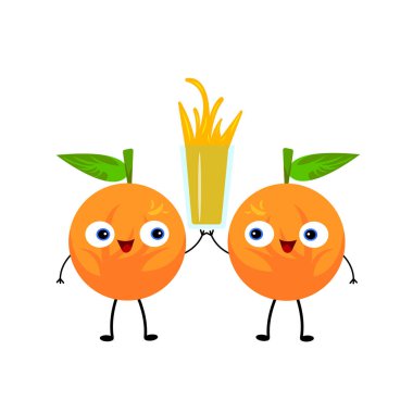 Portakal renkli çizgi film karakterleri gülerek ve bir bardak taze meyve suyu tutarak beyaz arka plan içki ve vitamin kavramına büyük bir sıçrama objesi koyarlar.