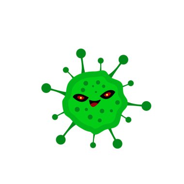 Kızgın yeşil bakteri, beyaz arka planda tasarlanmak üzere grip ve hastalık objesi kavramını alaycı bir şekilde gülümsedi