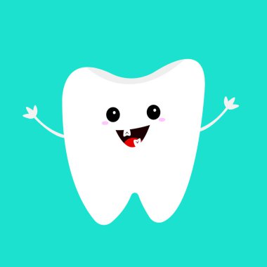 Beyaz dişli çizgi film karakteri mavi arka planda gülüyor ve gülümsüyor. Diş hekimliği ve hijyen kavramı.