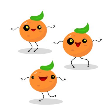 Dans eden mandalinalı komik çizgi film karakterleri modayı takip eden yeşil saç şekilli nesneler beyaz arka planda tropikal meyveler.