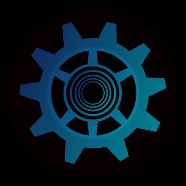 Tasarım teknolojisi ve endüstri konsepti için siyah arkaplan simgesi üzerine mavi dişli