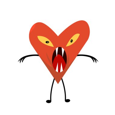 Kızgın canavar kalp şekilli çizgi film karakteri. Açık ağızlı ve sivri dişli. Beyaz arka planda cadılar bayramı ve sağlık konseptinde nesne.