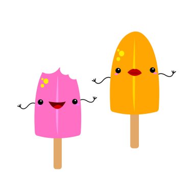 Buzlu çubuklar tahta üzerinde komik çizgi film karakterleri tatlı gülüşler beyaz arka plan konsepti yaz ve soğuk tatlılar.