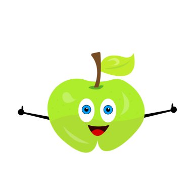 Olgun elmalı çizgi film karakteri, mavi gözlü, sevimli bir gülümsemesi elinde bir başparmak, onaylanmış meyve ve yiyecek konsepti olarak kaldırıldı.