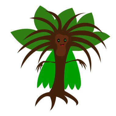 Yeşil pelerinli komik kahverengi ağaç ışıl ışıl parlayan gözler çizgi film karakteri doğa konsepti için