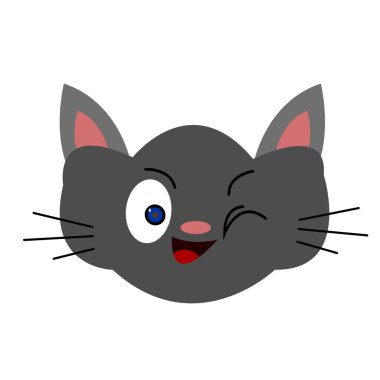 Beyaz arka planda sevimli bir gülücük ve bıyıklı, göz kırpan bir kedinin portresi..