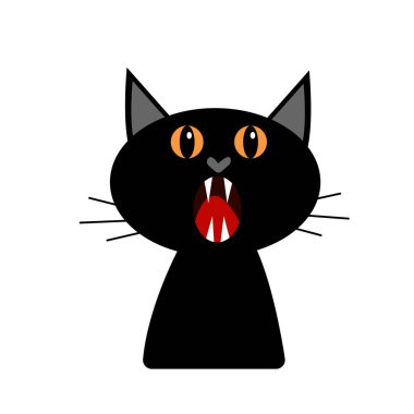 Açık ağızlı kara kedi beyaz arka planda tasarlanması için sivri dişler ve kuduz nesneleri kullanıyor.