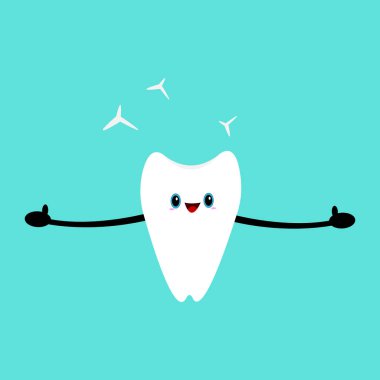 Uzun elli, parlak dişli beyaz çizgi film karakteri onay jesti olarak baş parmağını kaldırıyor ve mavi arka plan diş hekimliği ve hijyen kavramına neşe içinde gülüyor.