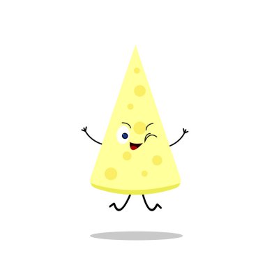 Yuvarlak delikli üçgen bir peynir. Çizgi film karakteri beyaz bir arka planda göz kırpar ve güler. Sağlıklı gıda kavramı..