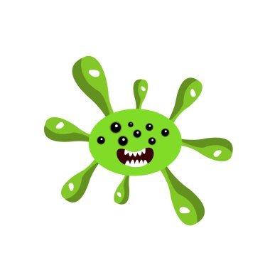 Beyaz zemin üzerinde virüsler ve bakteri nesneleri ile ilgili birçok gözü ve sırıtışı olan yeşil mikrop