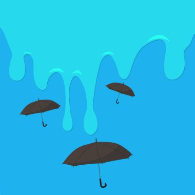Açık mavi su damlaları gökyüzüne doğru akar ve koyu gri şemsiyeler sonbahar ve kötü hava kavramı.