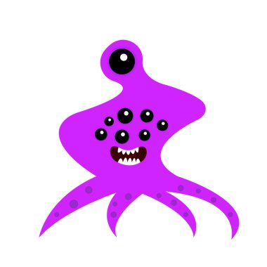 Beyaz dişli mor mikroorganizma ve beyaz arkaplanda siyah gözlü virüsler ve canavarlar var..