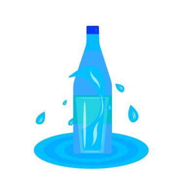 Şeffaf bir bardakta su sıçraması bir şişe logosunun arkasındaki su birikintisinde tasarım için duruyor.