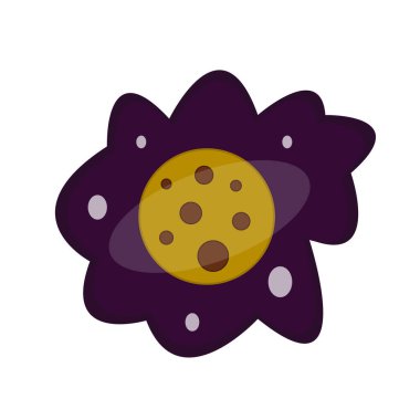 Kraterleri olan yuvarlak kahverengi gezegen. Gri yıldızların etrafındaki mor gökyüzünde parlak bir nesne. Uzay ve gizem tasarımı konsepti için logo.