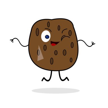 Patates çizgi film karakteri sebze beyaz arka planda zıplıyor ve beyaz arka planda yemek kavramı nesnesine gülüyor.
