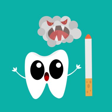 Korku ve şaşkınlık dolu bir çizgi film karakteri sigaraya ve dumanlı bir canavara bakıyor. Sağlık ve tıp konsepti. Mavi arkaplanda nesne