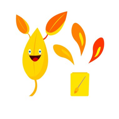 Beyaz arka planda gülen turuncu yapraklı çizgi film karakteri beyaz arka planda beyaz arka planda uçan nesnelerin olduğu bir boya kutusunun yanında.