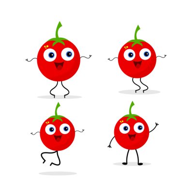 Büyük yuvarlak gözlü domates çizgi film karakterleri ve beyaz arka planda dans eden tatlı bir sebze ve tarım konsepti.