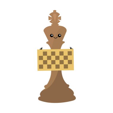 Satranç kralı çizgi film karakteri elinde bir oyun tahtası tutuyor ve beyaz arka plan masa oyunları kavramında tatlı tatlı gülümsüyor.