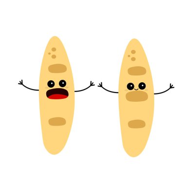 Beyaz bir zemin üzerinde farklı duyguları olan iki baget çizgi film karakteri: Pişirme ve yeme.