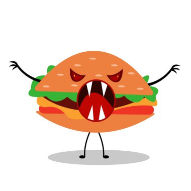 Burger canavarı çizgi film karakteri kızgın kırmızı gözlü, ağzı açık ve sivri dişleri beyaz arka planda kötü niyetli fast food konsepti üzerinde korkunç bir şekilde poz veriyor.