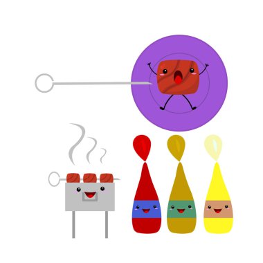 Et ızgarada kızartılır. Bir tabakta keskin bir şişin yanında yatma korkusuyla bir parça domuz çığlığı. Komik çizgi film karakterleri.