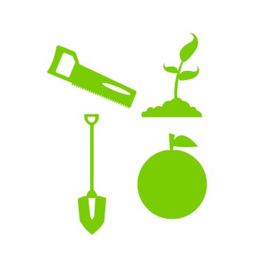 Beyaz arka planda kürek testere filizi ve elma logosu seti