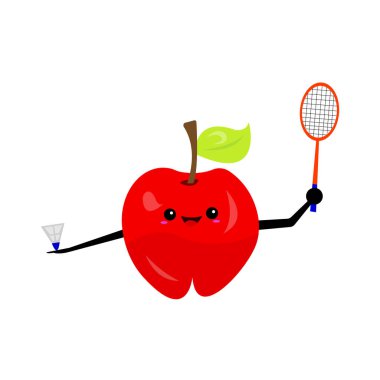 Red Apple çizgi film karakteri elinde badminton raketi ve açık hava ve spor aktiviteleri için servis aleti konsepti tutuyor.
