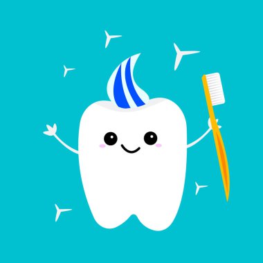 Diş karikatürü karakteri macundan yapılmış bir kuaför elinde bir fırça tutuyor. Sağlık ve hijyen kavramı. Beyaz arka planda bir nesne.