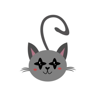 Siyah gözlü gri bir kedinin portresi. Tasarım için beyaz arka plan hayvan konsepti nesnesinde kuyruğu olan sevimli bir evcil hayvan.