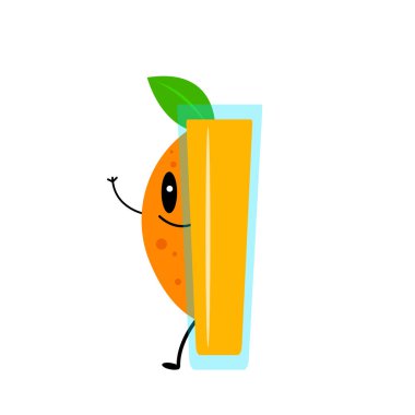 Half of tropical fruit with a green leaf peeps out from behind a glass with fresh juice funny cartoon character cute smiling concept of drink and vitamins object on a white background vector Half of tropical fruit with a green leaf peeps out from behind a glass with fresh juice funny cartoon character cute smiling concept of drink and vitamins object on a white background vector