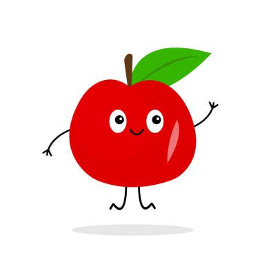 Dost canlısı kırmızı elma çizgi film karakteri gülümsüyor ve beyaz arka plan meyve ve yemek kavramının üzerine atlıyor