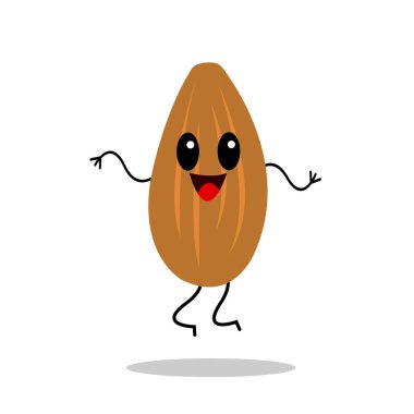 Badem çizgi film karakteri, sağlıklı beslenme ve aktivite kavramına gülüp zıplıyor.