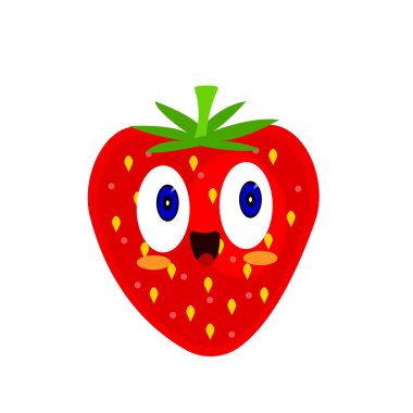 Çilekli, parlak dutlu, parlak desenli, mavi gözlü çizgi film karakteri yemek ve beyaz arka planda yaz konsepti nesnesi.
