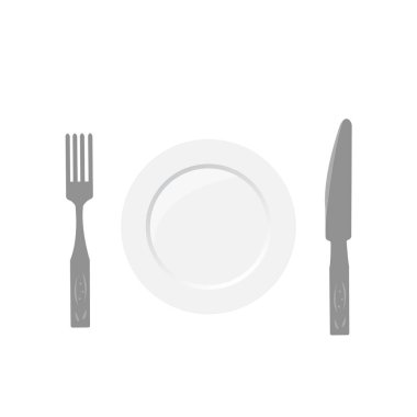 Beyaz arka planda yemek ve restoran konsepti üzerine çatal ve bıçak.