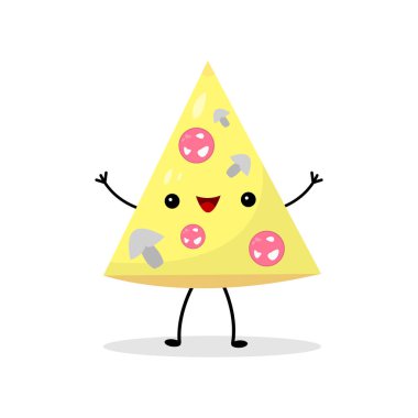 Sosisli ve mantarlı üçgen pizza. Komik çizgi film karakteri gülüyor ve beyaz arka plan yemekleri ve yemek pişirme konseptine poz veriyor.