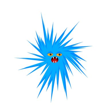 Turuncu gözlü dikenli mavi mikroorganizma ve beyaz arka planda sivri dişli canavar ve mikrop nesneleri kavramına sahip açık ağız.