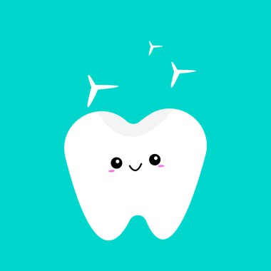 Mavi arka plan hijyen ve dişçilik kavramına sahip sevimli bir gülüşü ve parlak nesnesi olan temiz ve beyaz çizgi film karakteri.