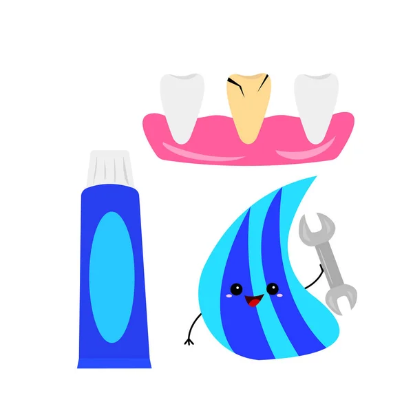 Zubní Pasta Karikatura Postava Rozpěrkou Symbol Opravy Koncept Zubní Lékařství — Stockový vektor