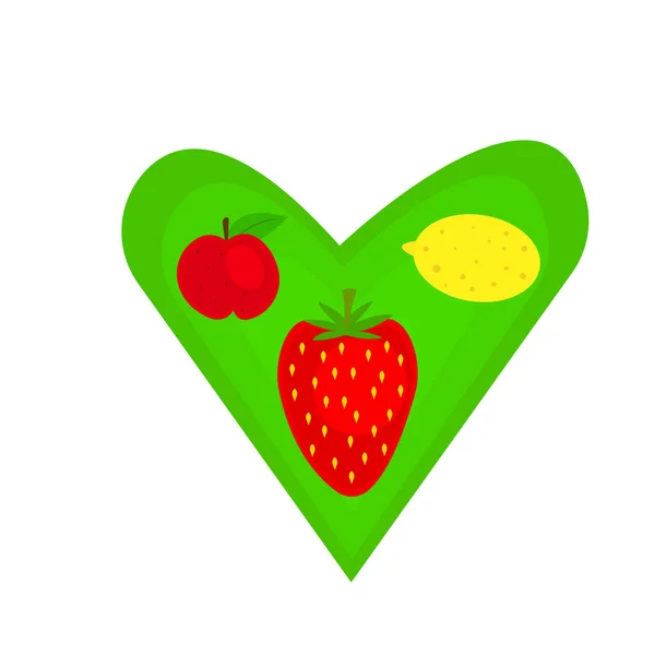 Logo Verde Natural Forma Corazón Apetitoso Fruta Saludable Fresa Limón — Archivo Imágenes Vectoriales