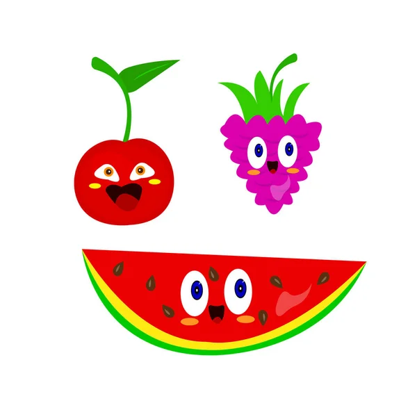 Cherry Raspberries Slice Watermelon Cartoon Characters White Background Fruit Summer — Stock Vector