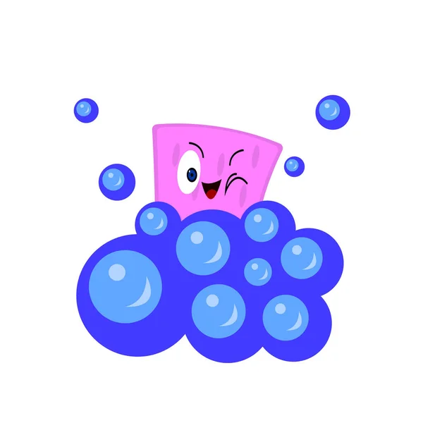 Sponge Lovely Smile Hides Blue Bubbles Winks Concept Hygiene Cleanliness — Stock Vector