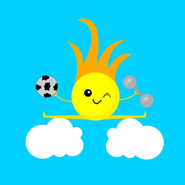 Sonnenzeichentrickfigur Sitzt Auf Einem Bindfaden Seinen Händen Und Hält Eine — Stockvektor