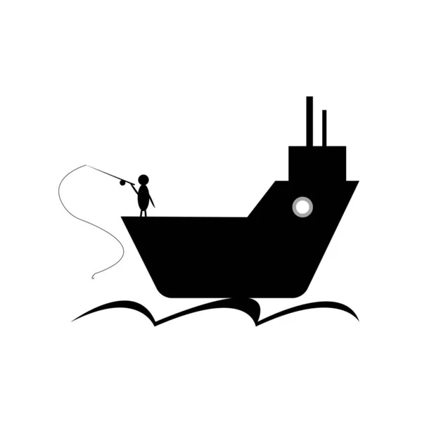 Fishing Boat Sailing Waves Board Fisherman Spinning Concept Sea Transport — Stock Vector