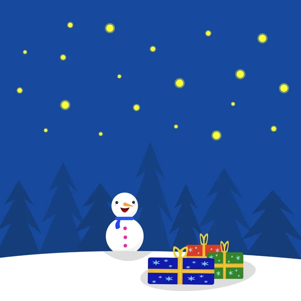 Сніговик Загорнуті Подарунки Лежали Снігу Тлі Високих Різдвяних Дерев Прекрасній — стоковий вектор