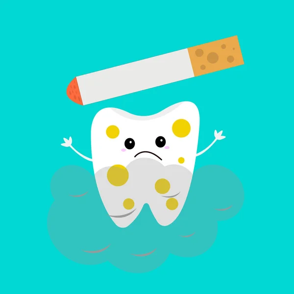 tooth cartoon character With a sad emotion covered with yellow stains from nicotine healthcare concept object on a blue background