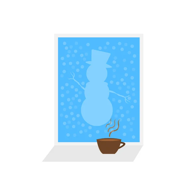 Ice Patterns Shape Snowman Falling Snow Frozen Window Cup Hot — Stock Vector