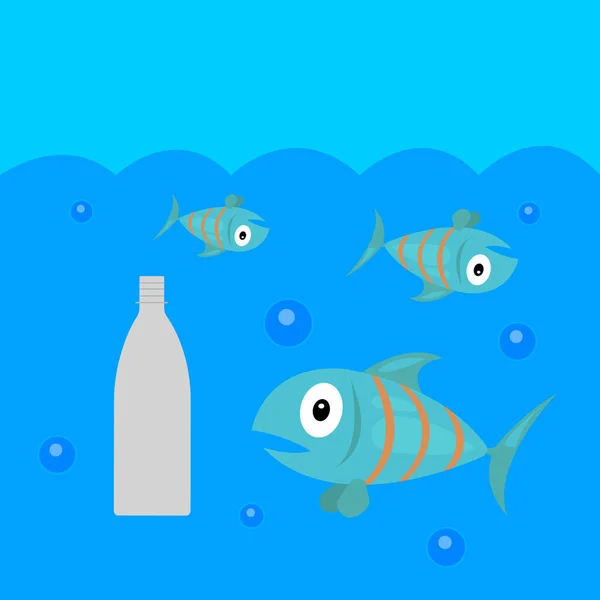 Verängstigte Und Tote Fische Unter Wasser Eine Plastikflasche Schwimmt Konzept — Stockvektor
