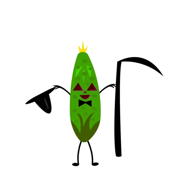 Monstruo Pepino Para Verduras Verdes Halloween Sosteniendo Sombrero Una Mano — Vector de stock