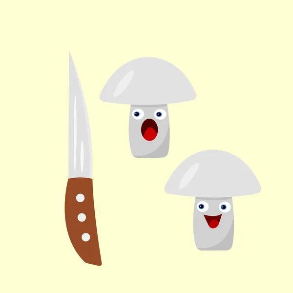 Faca Cozinha Afiada Personagens Desenhos Animados Cogumelos Champinhons Com Emoções —  Vetores de Stock